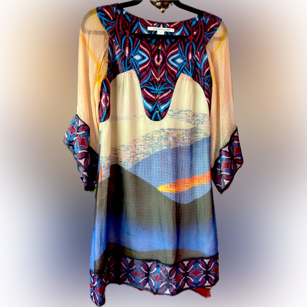 Diane von Fürstenberg Sheer Silk Tunic Dress Geometric Print Boho Size P